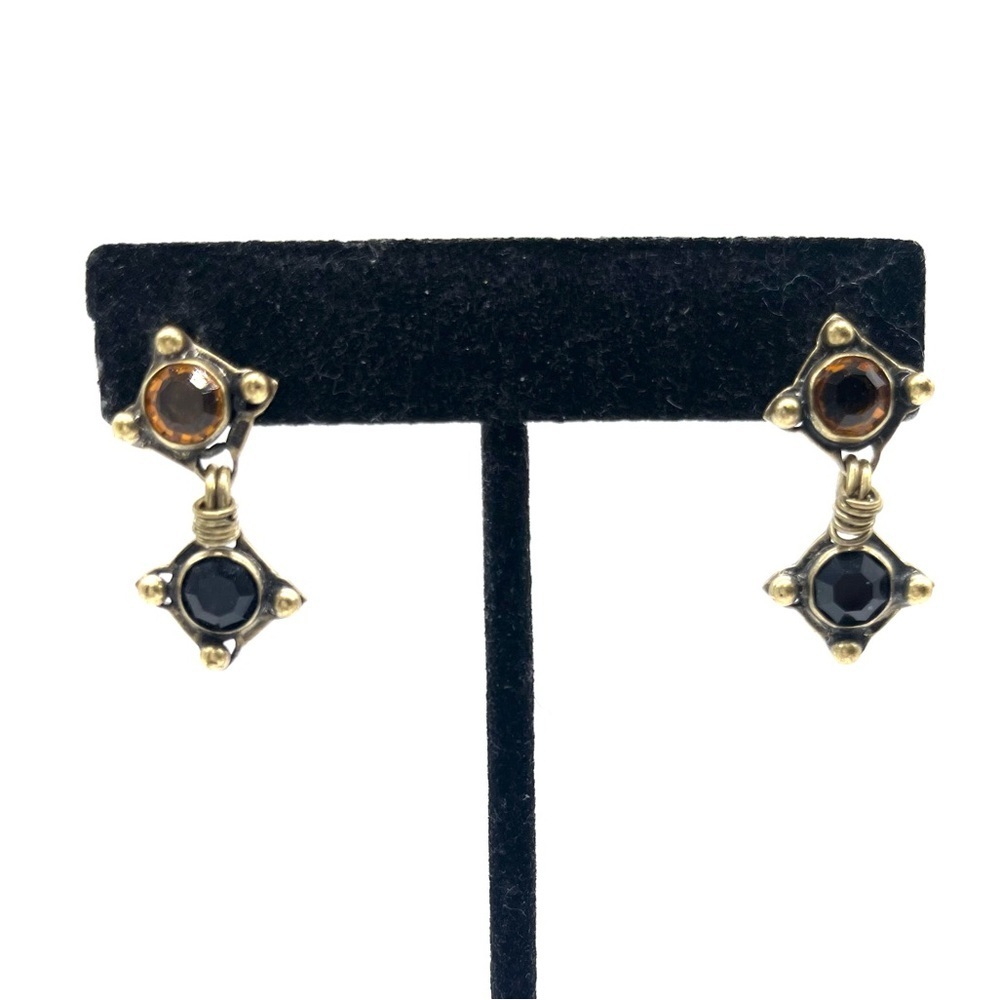 Vintage Elegant Citrin and Onyx Earrings on Gold Tone